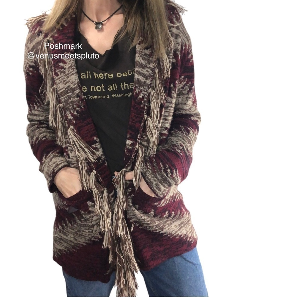 Nostalgia Fringe Cardigan Sz M Aztec Cabincore Long Boho Western Cabin Cozy - Picture 2 of 7